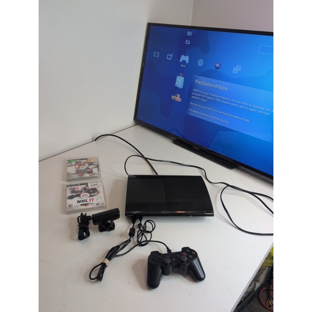 Sony PS3 Super Slim Cech 4301a 12GB Console + Games, Camera And Controller